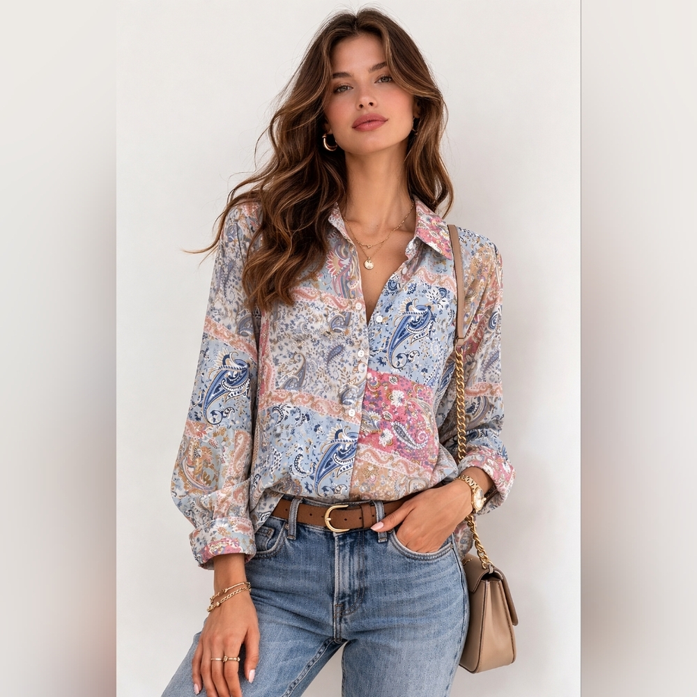 Rose + Olive Paisley Patchwork Button Down Blouse… - image 2